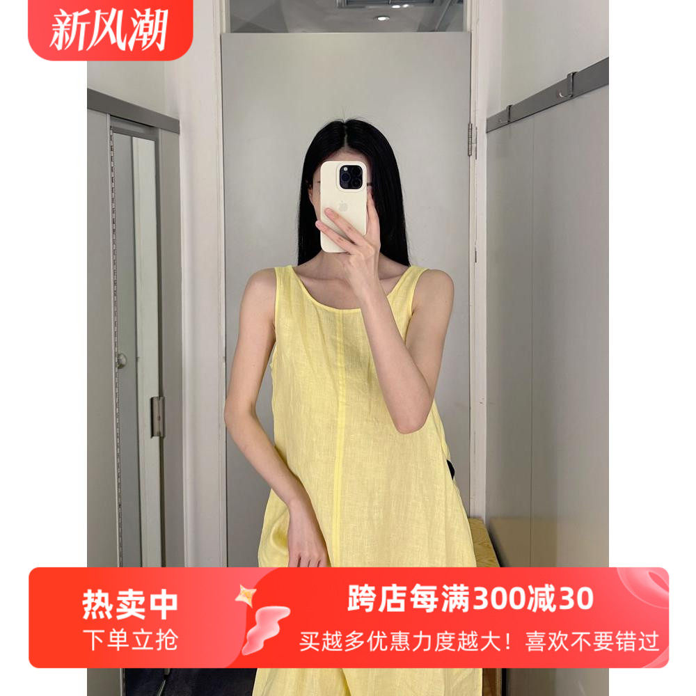 通勤A字亚麻纯色系带露后背长裙