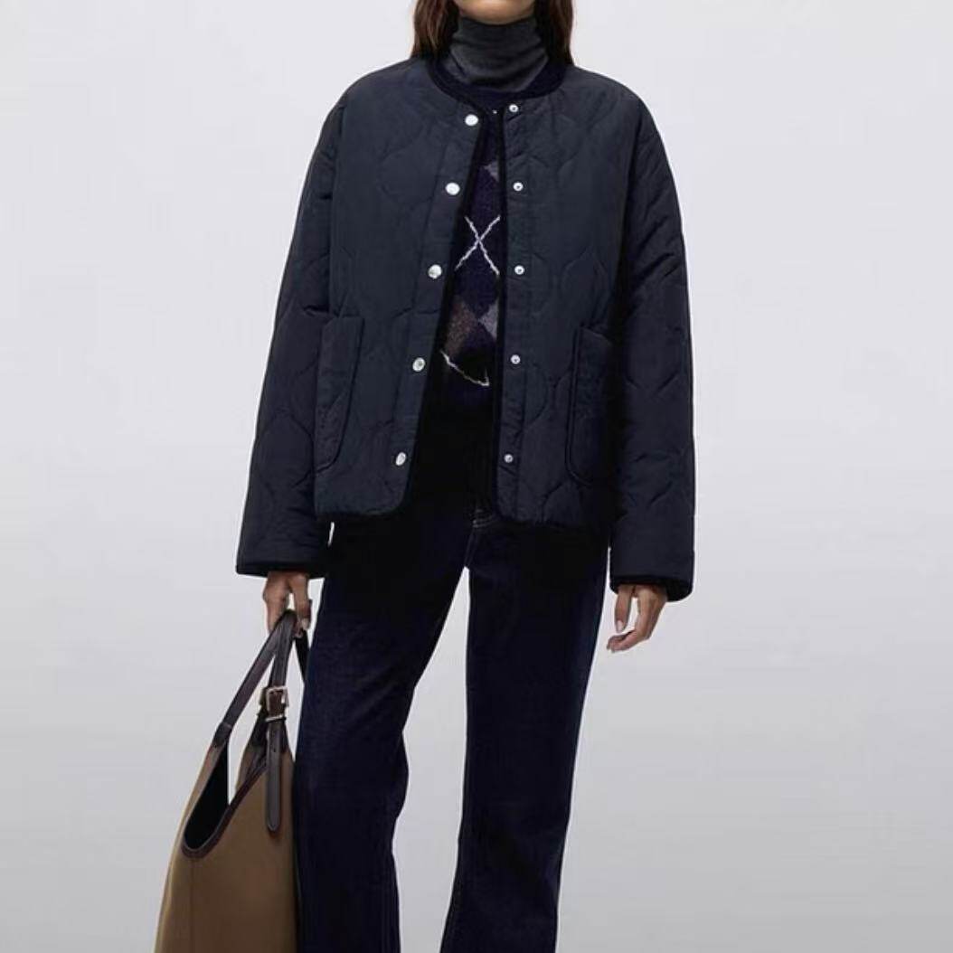 复古日系菱格纹棉服女秋冬百搭圆领单排扣薄款外套黑色通勤