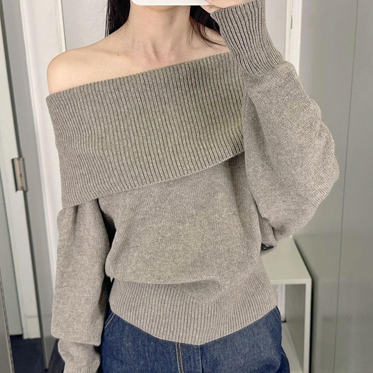 上衣羊毛一字肩露肩针织衫