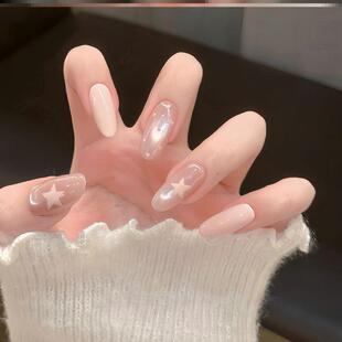 温柔皮粉冰透猫眼穿戴甲中椭圆波点星星甜美少女千金感长美甲贴片