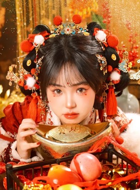 小财神新年头饰红色头饰古风宋明制配饰品中国风汉服毛球发冠发饰