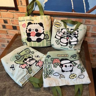 可爱卡通熊猫外出帆布袋便当便携手提包帆布包学生拎包上班通勤包
