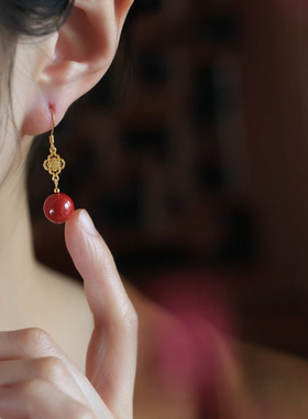 如意天然朱砂纯银耳环女红色复古中式国风转运珠耳坠耳饰过年