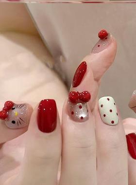 红色kt蝴蝶结猫眼穿戴甲节日新年可爱甜美少女儿童显白短美甲贴片