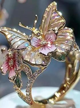 Wish新款饰品 欧美精致闪钻滴油蝴蝶花朵女士开口粉色戒指独立站