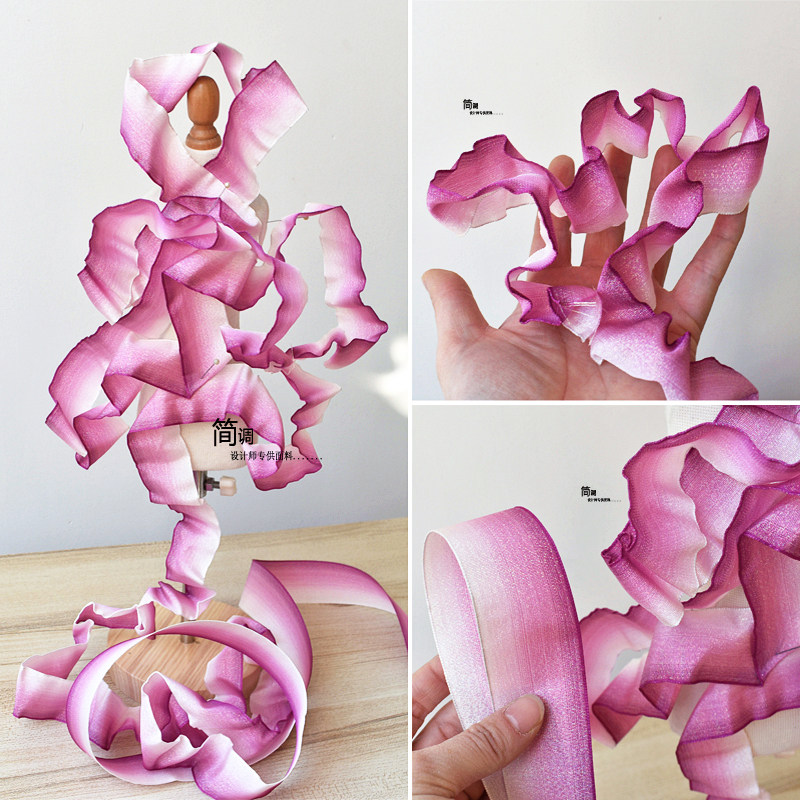 白粉渐变色钢丝花边辅料可塑性蕾丝衣服花边造型装饰材料木耳布料