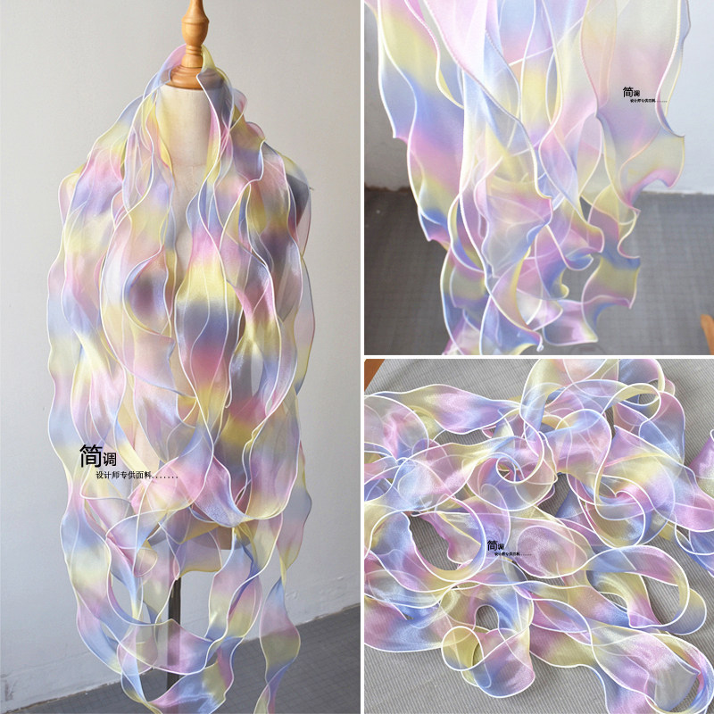 紫粉渐变色七彩花边辅料梦幻立体网纱褶皱荷叶边蕾丝婚纱服装布料