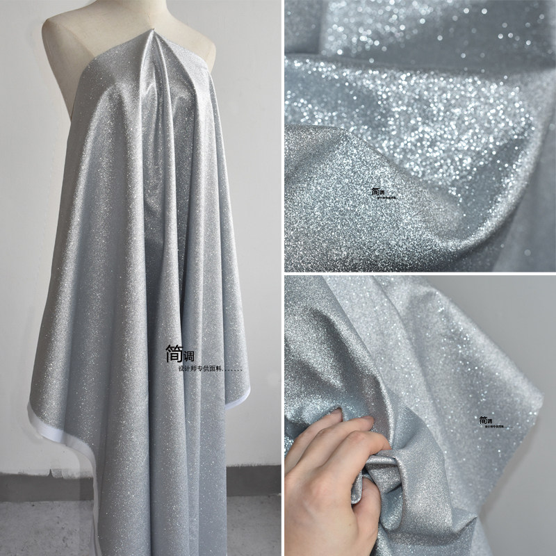 银色烫金珠片闪光亮光反光弹力针织pu皮革婚庆设计师服装pvc布料