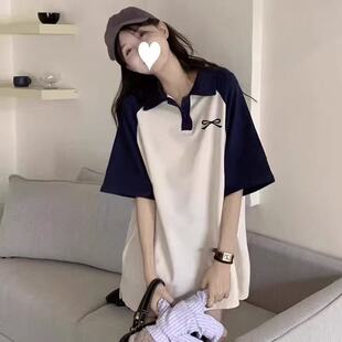高质量纯棉220克19支精梳紧密印花POLO衫宽松拼色翻领短袖恤女