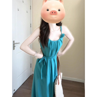 亮色系多巴胺泰式夏季挂脖吊带连衣裙女海边度假新疆旅行穿搭长裙