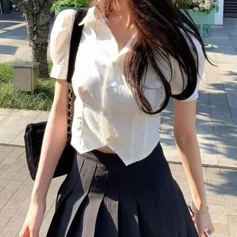（酷丝绵）JK制服衬衣夏季学院风白色泡泡袖短袖修身学生衬衫上衣