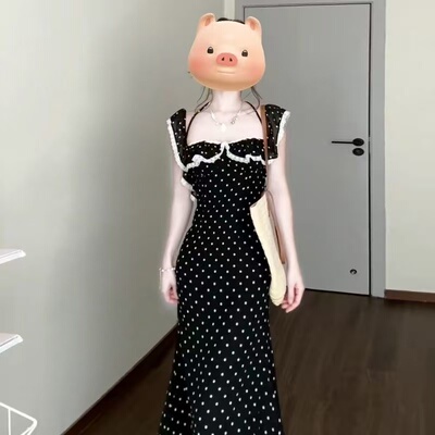 法式茶歇波点方领收腰露背长裙