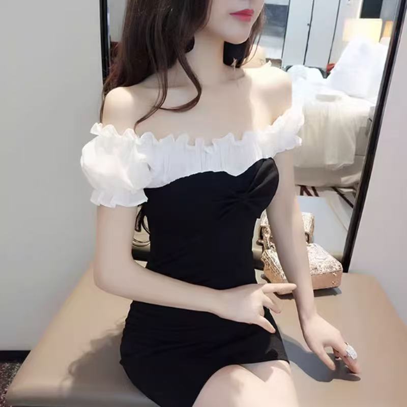 夜店性感女装2024夏新款一字肩连衣裙桑拿洗浴足疗小姐技师工作服