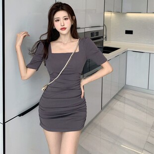 性感辣妹连衣裙女收腰紧身显瘦褶皱包臀短裙子 方领泡泡袖 夏季 法式