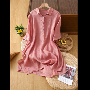 宽松显瘦POLO领亚麻小衫 复古中长款 女2026夏薄款 衬衫 上衣 苎麻短袖