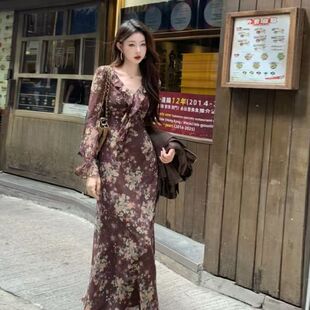 【暮色蔷薇】碎花连衣裙女秋冬港风复古荷叶边气质显瘦长裙