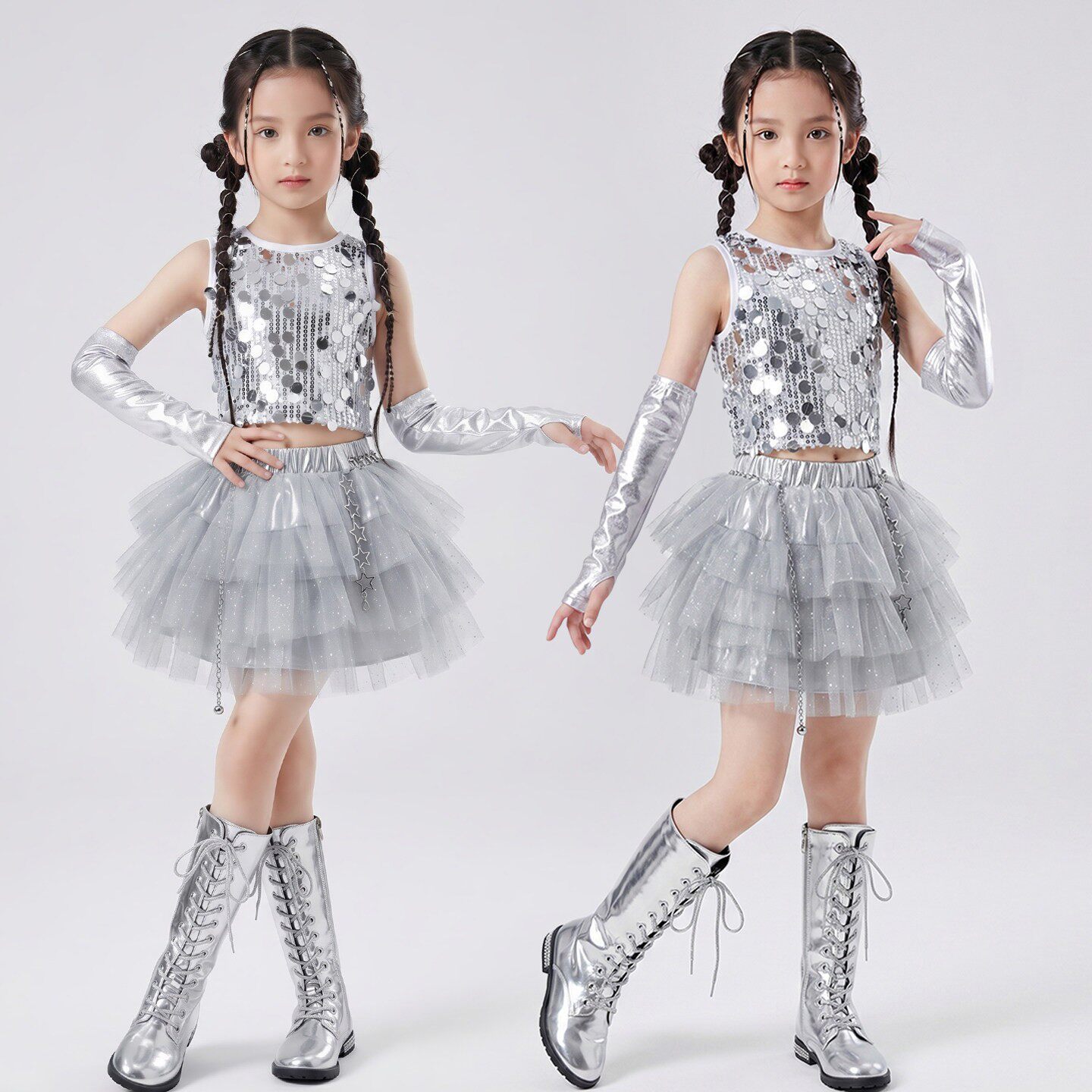 女童爵士舞服装少儿亮片背心时尚演出服模特走秀露脐jazz银色套装