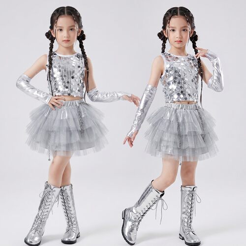 女童爵士舞亮片露脐演出套装
