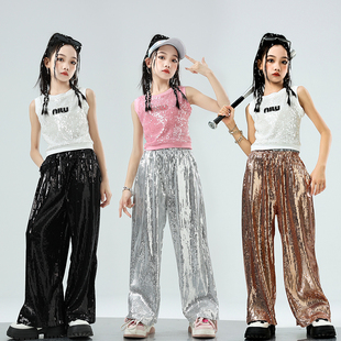 女孩街舞套装潮韩版洋气亮片露脐装走秀演出服hiphop爵士舞表演服