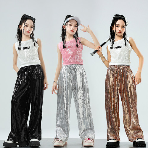 女孩街舞套装潮韩版洋气亮片露脐装走秀演出服hiphop爵士舞表演服