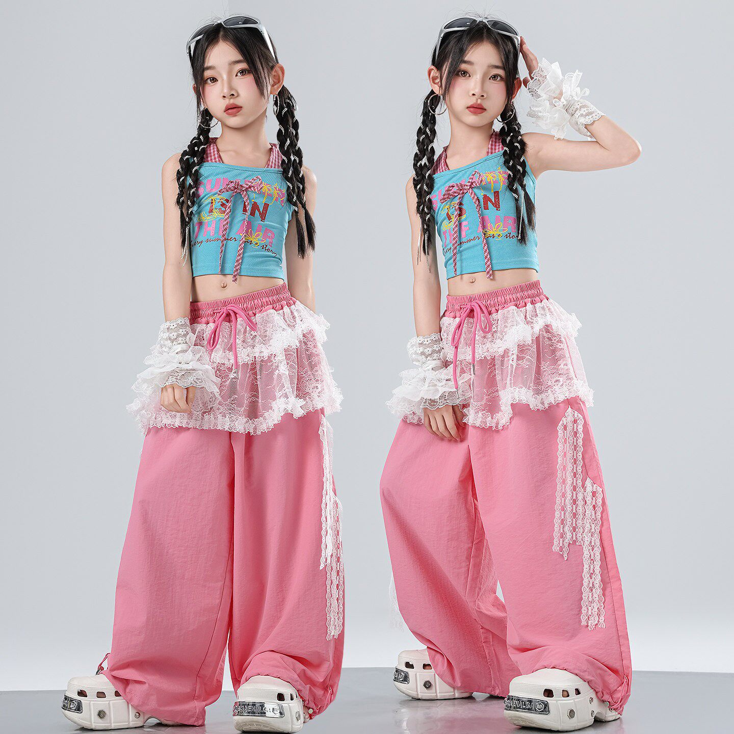 女孩爵士舞演出服女团露脐jazz街舞服装洋气粉色蕾丝阔腿裤舞蹈服