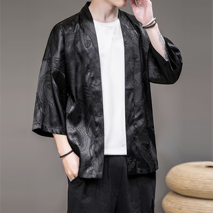 新款春夏男士冰丝龙纹提花明制汉服开衫中国风日常时尚宽松七分袖