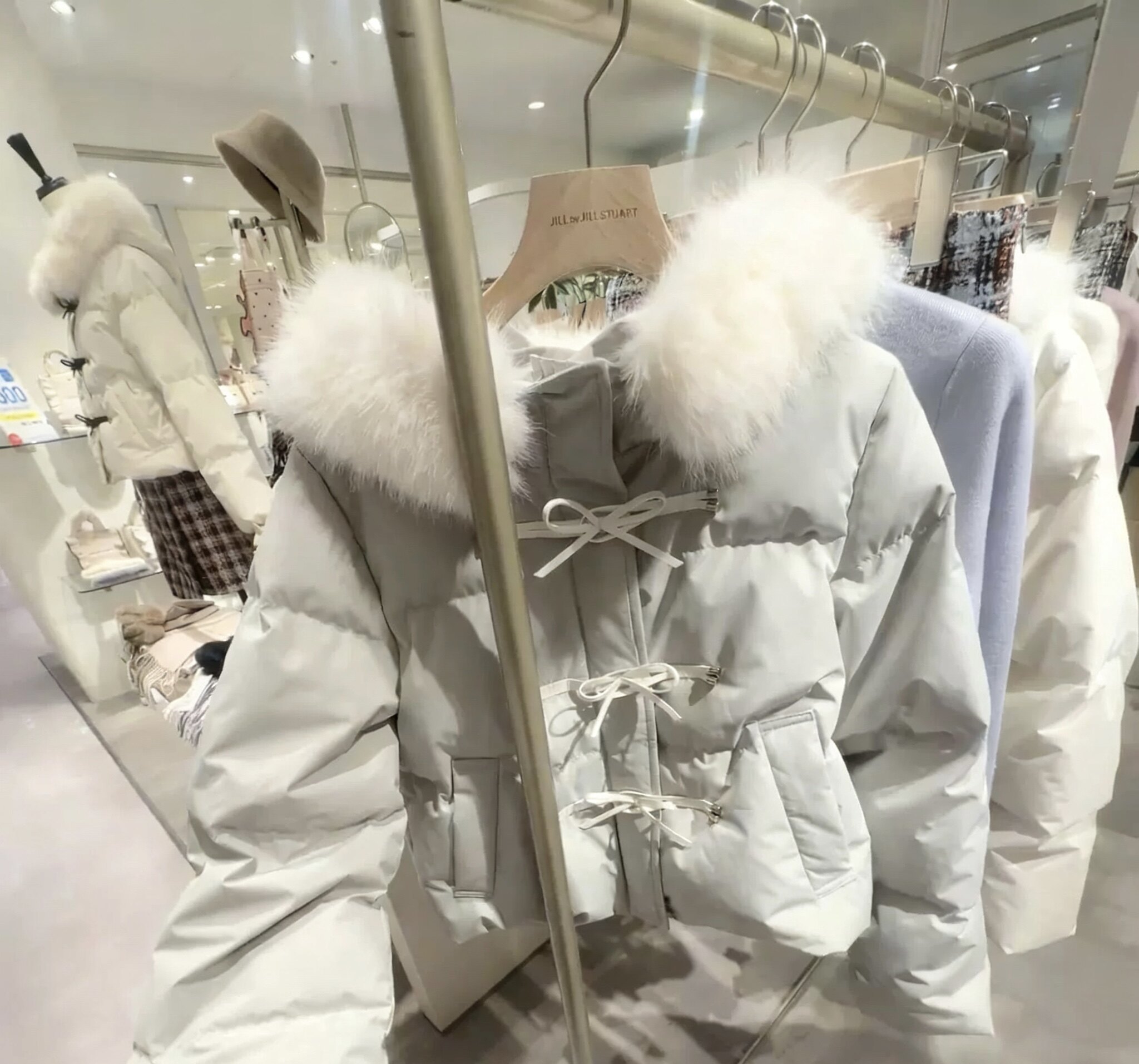 保暖｜日系灰蓝小个子甜妹短款羽绒服可爱牛角扣蝴蝶结毛毛领女