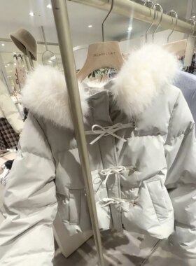 现货保暖｜日系灰蓝小个子甜妹短款羽绒服可爱牛角扣蝴蝶结毛领女