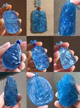 天然冰种海蓝宝雕刻吊坠一物一图魔鬼蓝海蓝宝蓝色水晶项链男女款