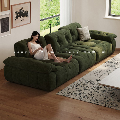 然一亩绿色布艺沙发雪尼尔法式中古客厅直排复古可拆洗高靠背云漫