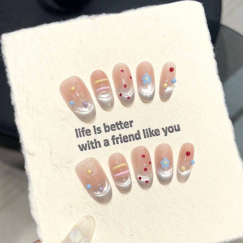 【夏日多巴胺】叁山穿戴甲夏日多巴胺彩色小花渐变猫眼美甲贴片,彩妆/香水/美妆工具,穿戴甲/甲片,淘宝优惠券,粉丝福利购,淘宝优惠卷