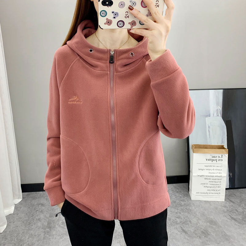 加绒运动开衫卫衣女连帽抓绒衣服