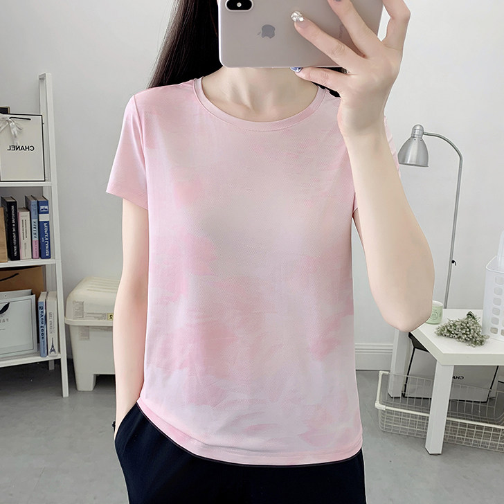 薄款透气速干衣T恤女圆领冰丝短袖户外跑步运动健身瑜伽快干上衣