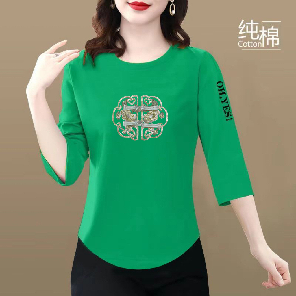 100%纯棉新中式t恤女装七分袖圆领设计感上衣秋季新款印花打底衫