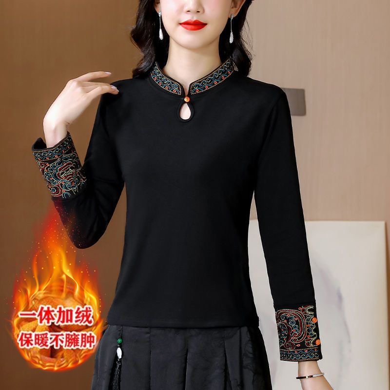 新中式德绒长袖t恤女中国风立领刺绣遮肉打底衫冬季新款复古上衣