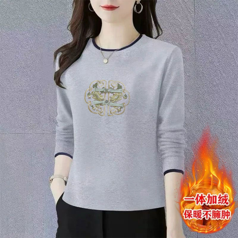 新中式印花德绒上衣女加绒撞色圆领遮肚T恤秋冬季内搭长袖打底衫