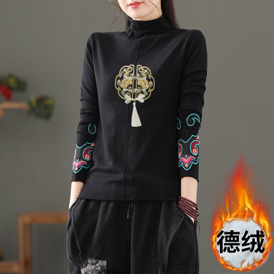 双面德绒加厚印花t恤女冬季复古保暖打底衫民族风半高领加绒上衣