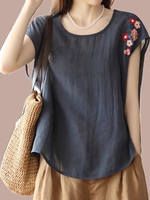Ethnic style short-sleeved cotton and linen top for women, 2025 new round-neck embroidered T-shirt, summer thin and large-sized base layer thumbnail 4