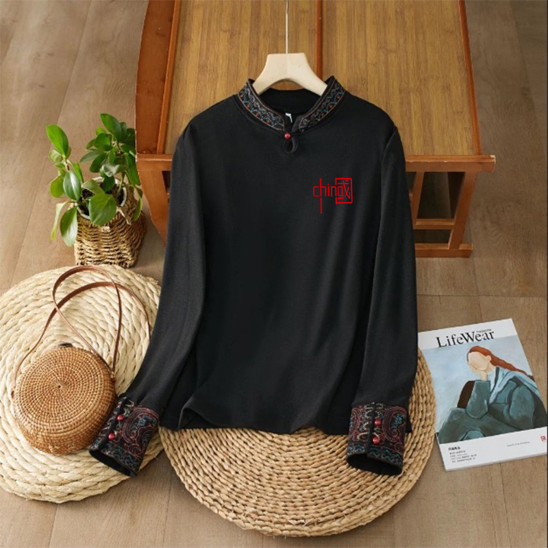 2024新款德绒国风上衣女新中式立领刺绣加绒t恤冬季印花内搭打底