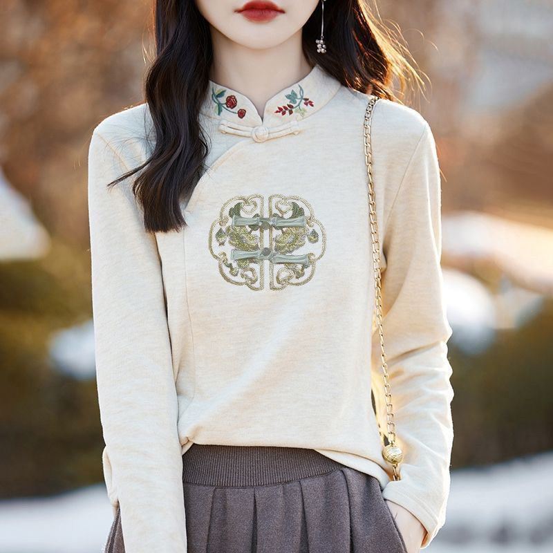 双面德绒刺绣长袖打底衫女中国风立领加绒上衣新中式加厚印花体恤,女装/女士精品,T恤,淘宝优惠券,粉丝福利购,淘宝优惠卷