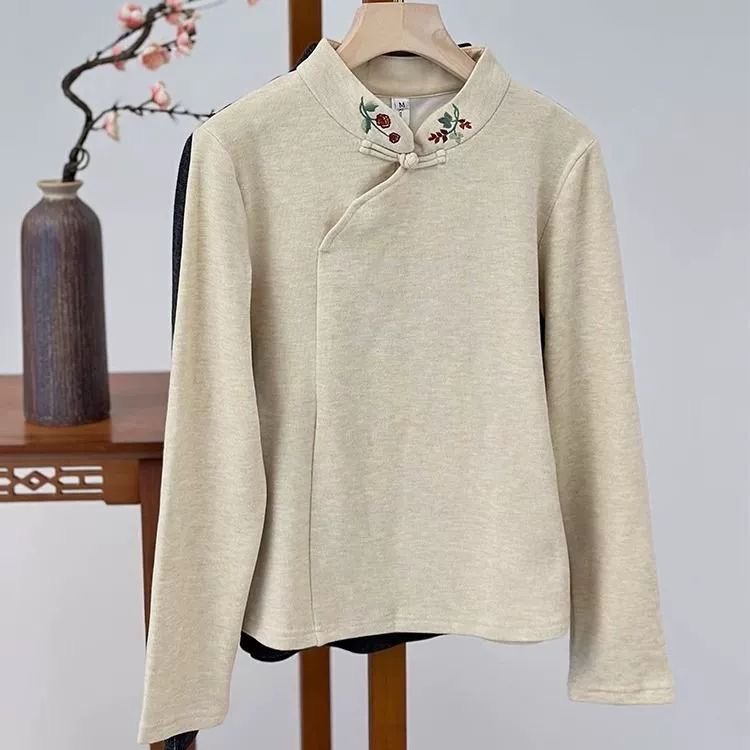 加绒加厚中国风打底衫女新中式盘扣内搭保暖t恤冬季新款刺绣上衣