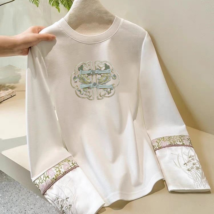 新中式长袖印花t恤女中国风纯棉薄款遮肉上衣春季新款内搭打底衫