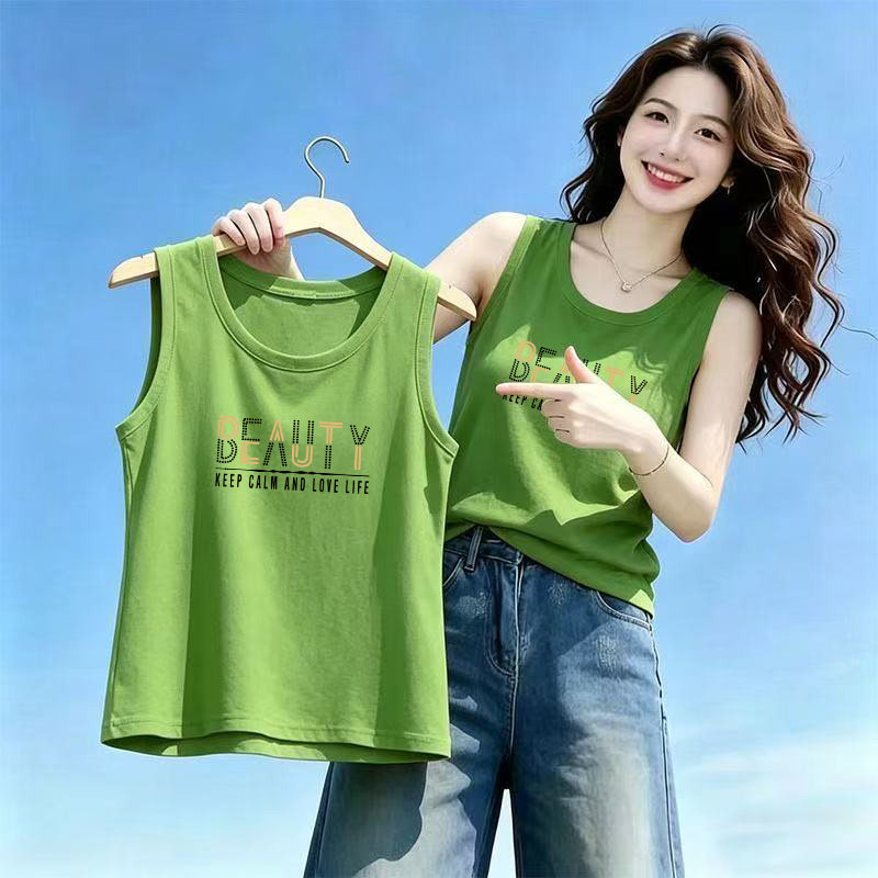 纯棉圆领印花无袖t恤女时尚韩版显瘦打底衫夏季新款大码吊带背心