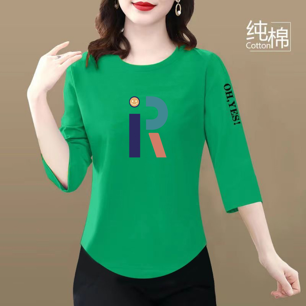 100%纯棉七分袖T恤女秋季新款韩版ins印花上衣圆领显瘦薄款打底衫