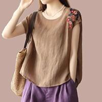 Ethnic style short-sleeved cotton and linen top for women, 2025 new round-neck embroidered T-shirt, summer thin and large-sized base layer thumbnail 3