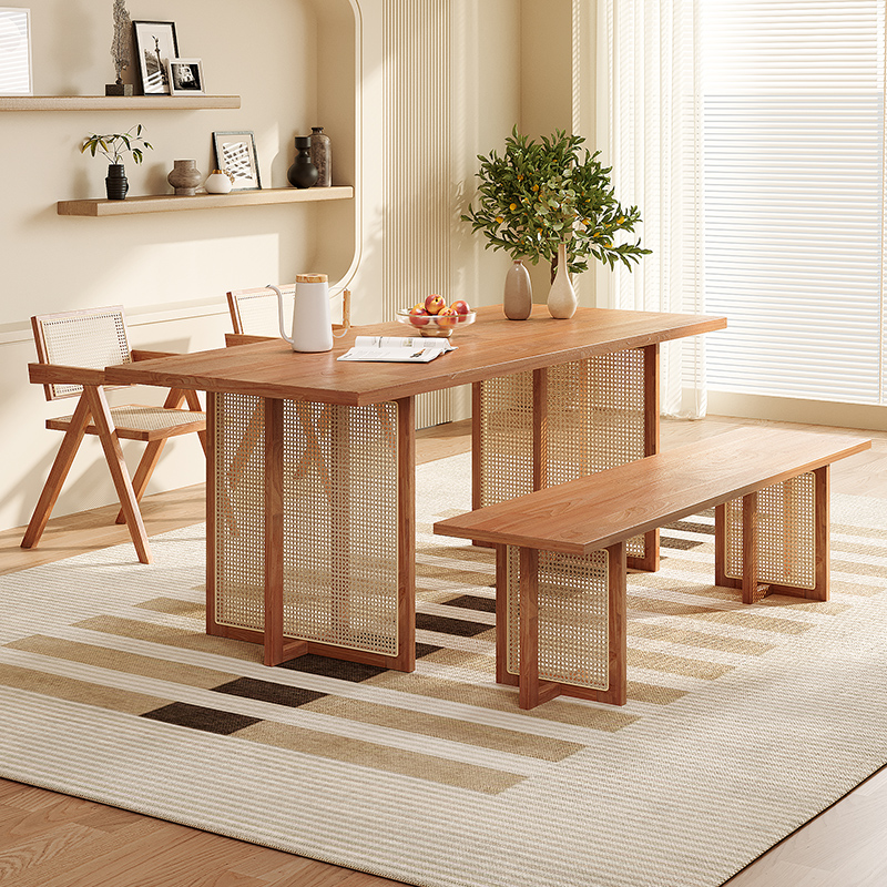 北欧实木藤编餐桌椅组合小户型家用简约餐厅侘寂风民宿长方形饭桌