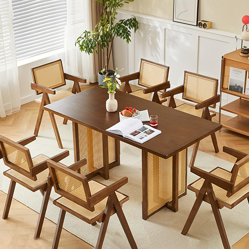 中古风实木餐桌椅组合长方形6到8人藤编餐台家用橡木民宿公寓饭桌