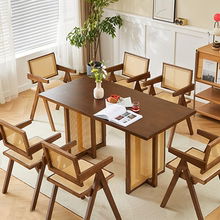 中古风实木餐桌椅组合长方形6到8人藤编餐台家用橡木民宿公寓饭桌