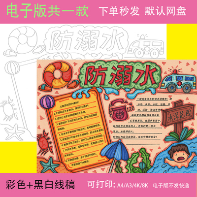 预防溺水手抄报模板小学生儿童暑假珍爱生命安全电子小报素材A4A3