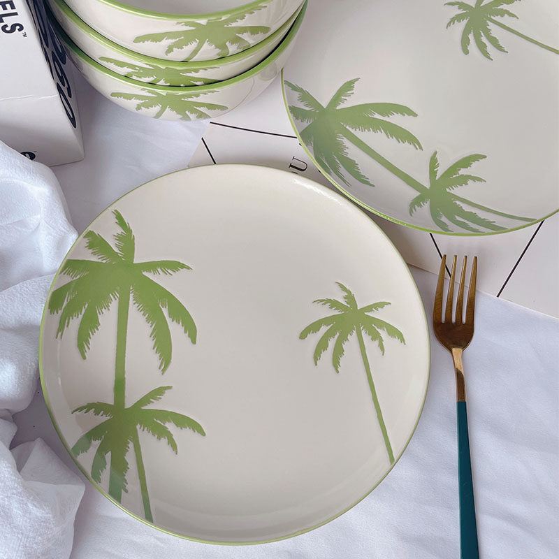 东南亚风手绘盘子菜盘家用小清新圆形早餐点心盘意面盘商用微瑕